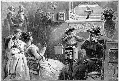 Audition av Theatrophone (teaterprøver hjemme) i salongen på et storslått hotell i Paris i 1892. av French School