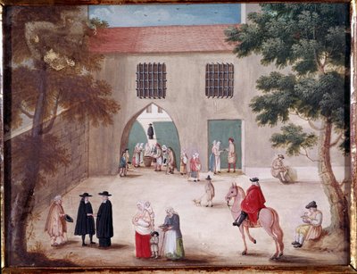 Almosen im Hof der Abtei Port Royal des Champs. Ansicht des Innenhofs von Port-Royal-des-Champs. Anonymes Gemälde der französischen Schule von French School