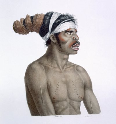 Australian Aborigine, en mann kalt Cour-rou-bari-gal, fra New Holland, 1812 av French School