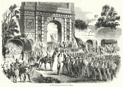 Østerrikske tropper kommer inn i Milano, Italia, 6. august 1848 (gravering) av French School