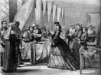 Østerriksk-prøyssisk krig (1866): Imponer Elizabeth av Østerrike (Sissi) (1837-1898) besøker sårede soldater i Wien. Gravering i "" Le Monde Illustré"" nr. 486 av 4. august av French School