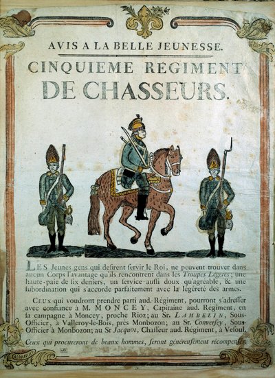 Avis à la Belle Jeunesse, rekrutteringsplakat for 5. jegerregiment 1700-tallet. Paris, Musee de l