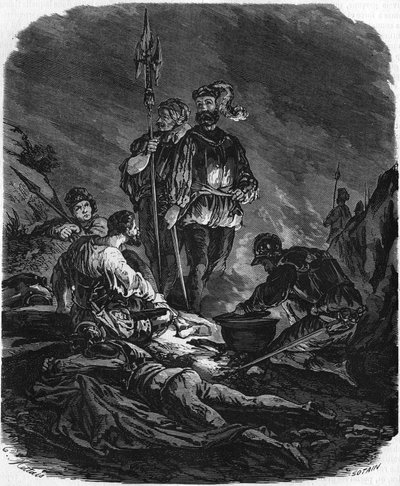Bad boys, looters during the wars of the 16th century. In “” Histoire Populaire de la France””, sd. circa 1885. Engraving. av French School