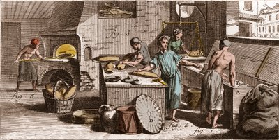 Bakeri - Et bakeri - "" The Great Encyclopedia, eller Dictionnaire Raisonne des Sciences, des Arts et des Metiers" (Encyclopedia or Dictionary of the Sciences, Arts and Professions) av Denis Diderot (1713-1784) og Jean d'Alembert (1717)  av French School