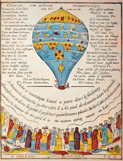 Ballongtur: Montgolfier-brødrenes opplevelse 19. oktober 1783 i hagen til Monsieur Reveillon, Faubourg Saint Antoine i Paris. Epoque-gravering. Paris, BN av French School