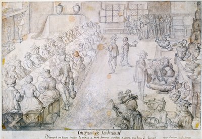 Bankett ved Sandricourt-turneringen i 1493 (brunt blekk og blyant på papir) av French School