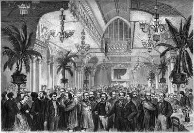 Bankett for avisen ""Le Figaro"", gitt 6. februar 1864 i salongen til Restaurant du Passage des Princes i Paris, deltatt av journalister, forfattere, kunstnere... Er til stede, fra venstre til høyre: Nestor Roqueplan , Mme Ugalde , de Montaut, Peter