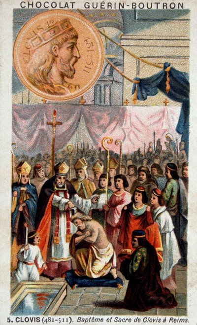 Dåp og helligdom av Clovis i katedralen i Reims, 25. desember 496, av Saint Remi, eveque av Reims. av French School