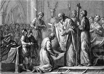 Bapteme av Clovis 1., 25. desember 496: kongen av frankene (466-511) blir døpt av Saint Remi (437-533), eveque av Reims, i Saint Martin-kirken. Gravering fra 1700-tallet. av French School