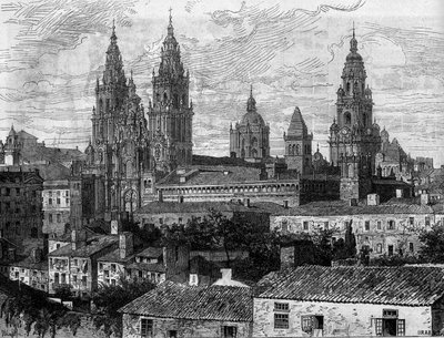 Baroque art: view of the Cathedral of Santiago de Compostela (Santiago de Compostela). Spain. Engraving in “” Le Monde Illustré”” n°1220 of 14 August 1880. av French School