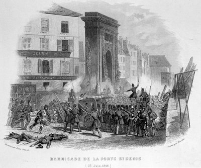 Barrikaden av Porte Saint Denis (23. juni 1848) - i "Fasttes de Gardes Nationales de France"" av French School