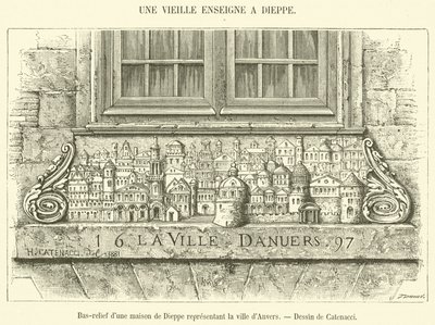 Bas-relieff av et hus i Dieppe som representerer byen Antwerpen (gravering) av French School