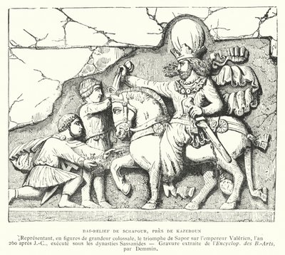 Basrelieff nær Kazerun, Iran, som viser seieren til den sasaniske kongen Shapur I over den romerske keiseren Valerian i slaget ved Edessa, 260 (gravering) av French School