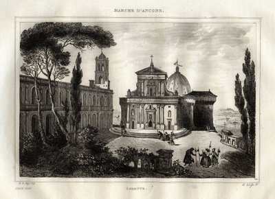 Basilica della Santa Casa - Loreto - Sanctuary of Lorette - Loreto - Basilica of Our Lady of Loreto - Holy House of Loreto eller House of Nazareth - Gravering fra "" Pittoreske Italia"" - Historisk og beskrivende maleri av Italia"" av M. de Norvins, Ch. N av French School