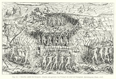 Kamp mot Iroquois; etter en gravering fra Travels of Sieur de Champlain, Xaintongeois, Paris av French School