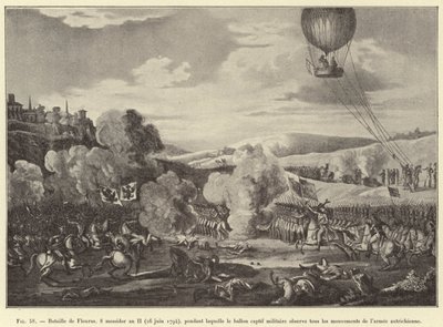 Slaget ved Fleurus, 8. Messidor år II (26. juni 1794), der den fangede militærballongen observerer alle bevegelsene til den østerrikske hæren (gravering) av French School