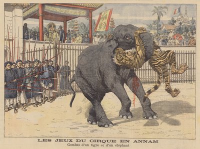Kamp mellom en elefant og en tiger i et sirkus i Annam, Indokina (fargelitografi) av French School