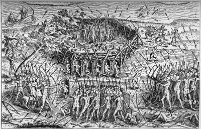Kamp mellom den franske hæren til Samuel de Champlain (ca. 1567-1635) og Iroquois. Canada, tidlig på 1600-tallet. Gravering i «La Marine et les colonies: handel» av French School