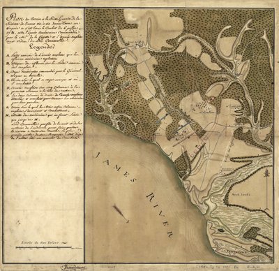 Battle of Green Spring, kart over landet på venstre bredd av James River overfor Jamestown i Virginia hvor slaget 6. juli av French School