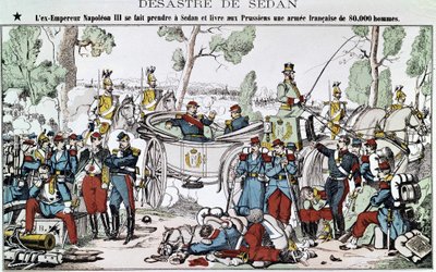 Slaget ved Sedan i 1870. Den tidligere keiser Napoleon III blir fanget i Sedan og leverer til prøysserne en fransk hær på 80 000 mann, bilde av en spinal. av French School