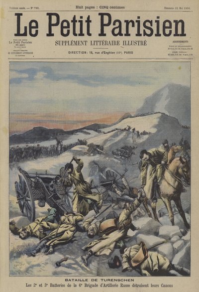 Slaget ved Yalu-elven, russisk-japansk krig (farge litho) av French School