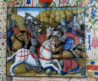 Battle of Knights Miniatyr fra manuskriptet "" The novel of Tristan"" av Master Charles of Maine av French School
