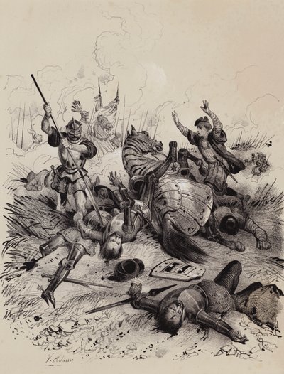 Battle of the Holme, 902, mellom danskene og hæren til Wessex og Kent under Edward den eldste, der Aethelwold aetheling, som hadde alliert seg med danskene, ble drept (litho) av French School