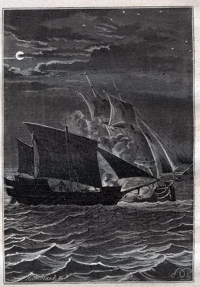 Battle of the Swallow og en malaysisk paro: Svaleskipet til Philip Carteret eller Philippe de Carteret (1733-1796) kjempet med et malaysisk piratskip i det indonesiske farvannet i 1767 - illustrasjon fra "The Great Mariners of the 18th century"&q av French School