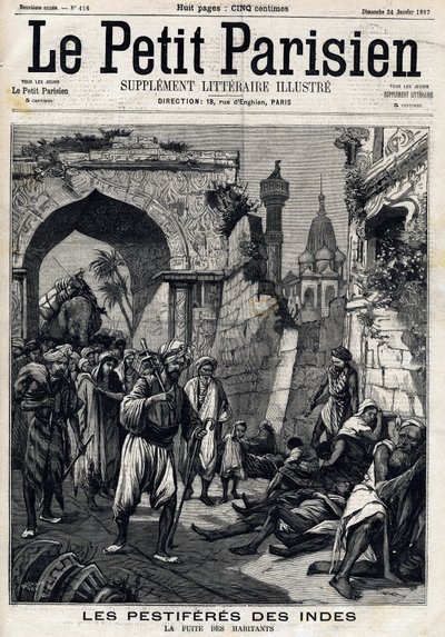 Beach-stricken India, Inhabitants fing the epidemic before contracting the Black Death. Frontpage of English newspaper Le petit Parisien. January 24 av French School