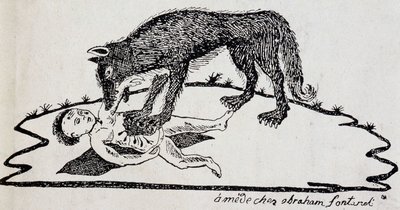Beist revet a child (beast of the Gévaudan) - tregravering publisert i Mende (Archives du Puy-de-Dôme) av French School