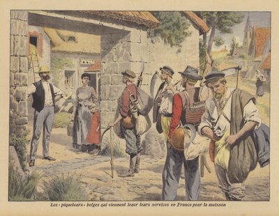 Belgiske gårdsarbeidere på jakt etter arbeid i Frankrike under innhøstingen (farge litho) av French School