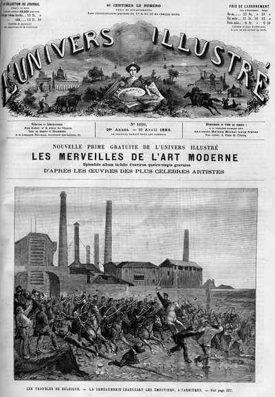Belgian workers strike: the police loading the riders in Carnieres. A newspaper. Engraving in “” Le Monde Illustré”” av French School