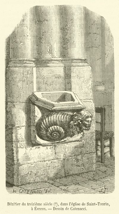 Benitier fra det trettende århundre?, i kirken Saint-Taurin, i Evreux (gravering) av French School