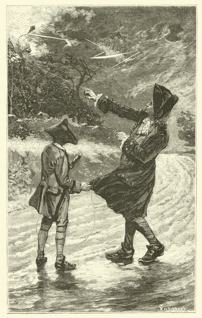 Benjamin Franklin flyr dragen sin (gravering) av French School