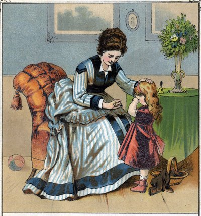 Berthe is crying because she just poked her finger while doing sewing work. Her mother scolds her for forgetting to use the sewing. Chromolithography taken from “Scenes enfantines””. published by Guerin - Muller around 1885. av French School