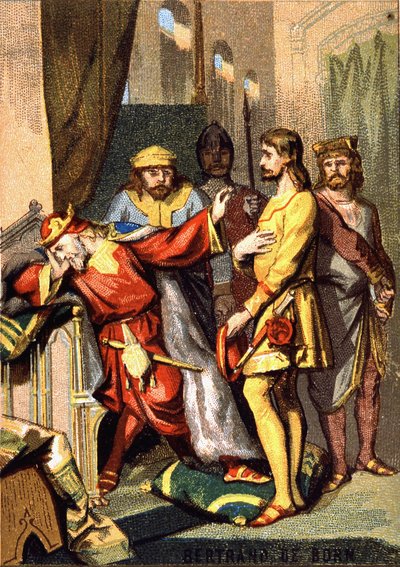 Bertran (Bertrand) de Born (1140 - 1215) trubadur perigordin, herre av Hautefort, før Henry II (1133 - 1189) av England. Kromolitografi av serien "" Patriotisk utdanning gjennom bilde"". av French School