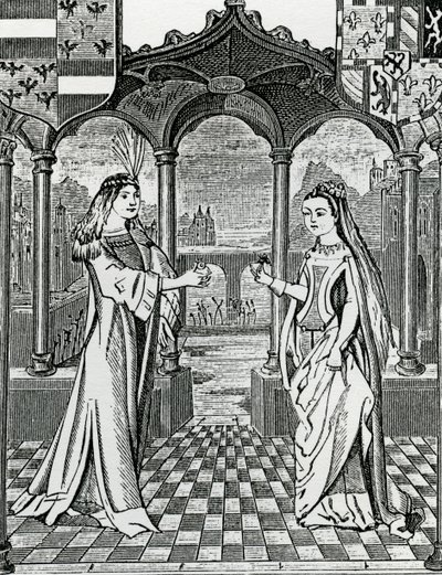 Trolovelse av Maximilian I og Mary, hertuginne av Burgund i 1477, etter et bilde i Chroniques de Flandre av French School