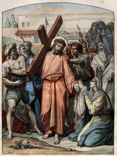 Bible Scene - Way of the Cross: Jesus has his face wiped by St. Veronica. Engraving in “” Le Pelerin”” of 20 September 1896. av French School