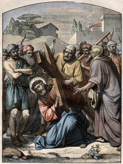 Bibelscene - Korsveien: Jesus hjelper av Simon fra Kyrene (kyreneeren). Gravering i "" Le Pelerin"" av 13. september 1896. av French School