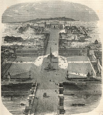 Fugleutsikt over Place de la Concorde, rue Royale med kirken Madeleine - Gravering i "Tableau-de-Paris" av Edmond Texier 1852 av French School