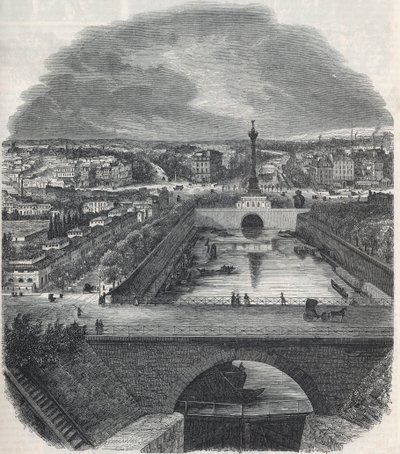 Fugleutsikt over Canal Saint-Martin (Saint Martin), Place og Bastille-distriktet, tatt fra høyre bredd av Seinen - Gravering i "Tableau-de-Paris" av Edmond Texier 1852 av French School
