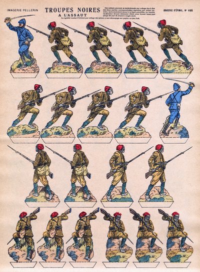 Svarte tropper stormet inn den franske Armee fra afrikanske kolonier. Avbildning av Epinal, begynnelsen av det 20. århundre. av French School