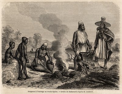 Smed har arbeidet ved Fouta Djalon (Senegal), tegning av Hadamard, for å illustrere løytnant Lamberts reise til Fouta Djalon i 1860. Gravering i “” Le tour du monde”” 1861. Selvas samling. av French School