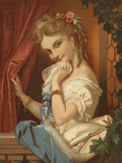 Blond jente med forførende smil (chromolitho) av French School
