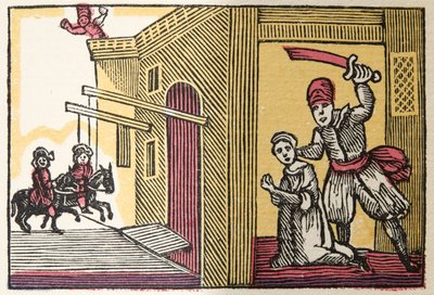 Blue Beard fra Histories or Tales of Past Times fortalt av Mother Goose, With Morals, av M Perrault, pub. 1925 (håndfarget treblokktrykk) av French School