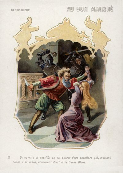 Bluebeards kone blir reddet fra døden ved ektemannens hånd ved ankomsten av brødrene hennes (chromolitho) av French School