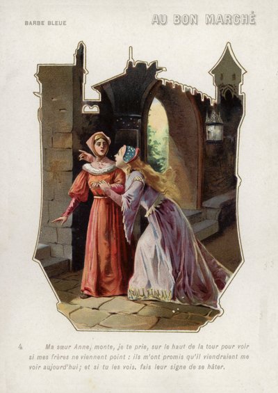 Kona til Blåskjegg ber søsteren hennes, Anne, om å klatre opp i slottets tårn og se etter brødrene hennes (chromolitho) av French School