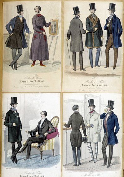 Tavler som illustrerer herremote fra "Journal des tailors"" fra 1848. av French School