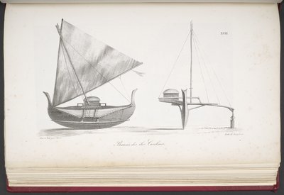Båt fra Caroline Islands, fra A Picturesque Voyage Round the World, med portretter av villmenn fra Amerika, Asia, Afrika og øyene i det store hav; landskap, havutsikt og flere naturhistoriske gjenstander; sammen med av French School