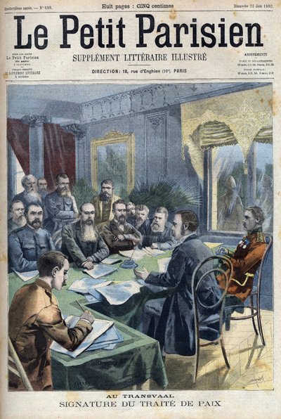 Boer krig. Undertegnelsen av Transvaals fredsavtale mellom Boer-høvdingene og den britiske generalen Horatio Herbert Kitchener (1850-1916) i Pretoria, Sør-Afrika. Gravering i "" Le Petit Parisien"" av French School